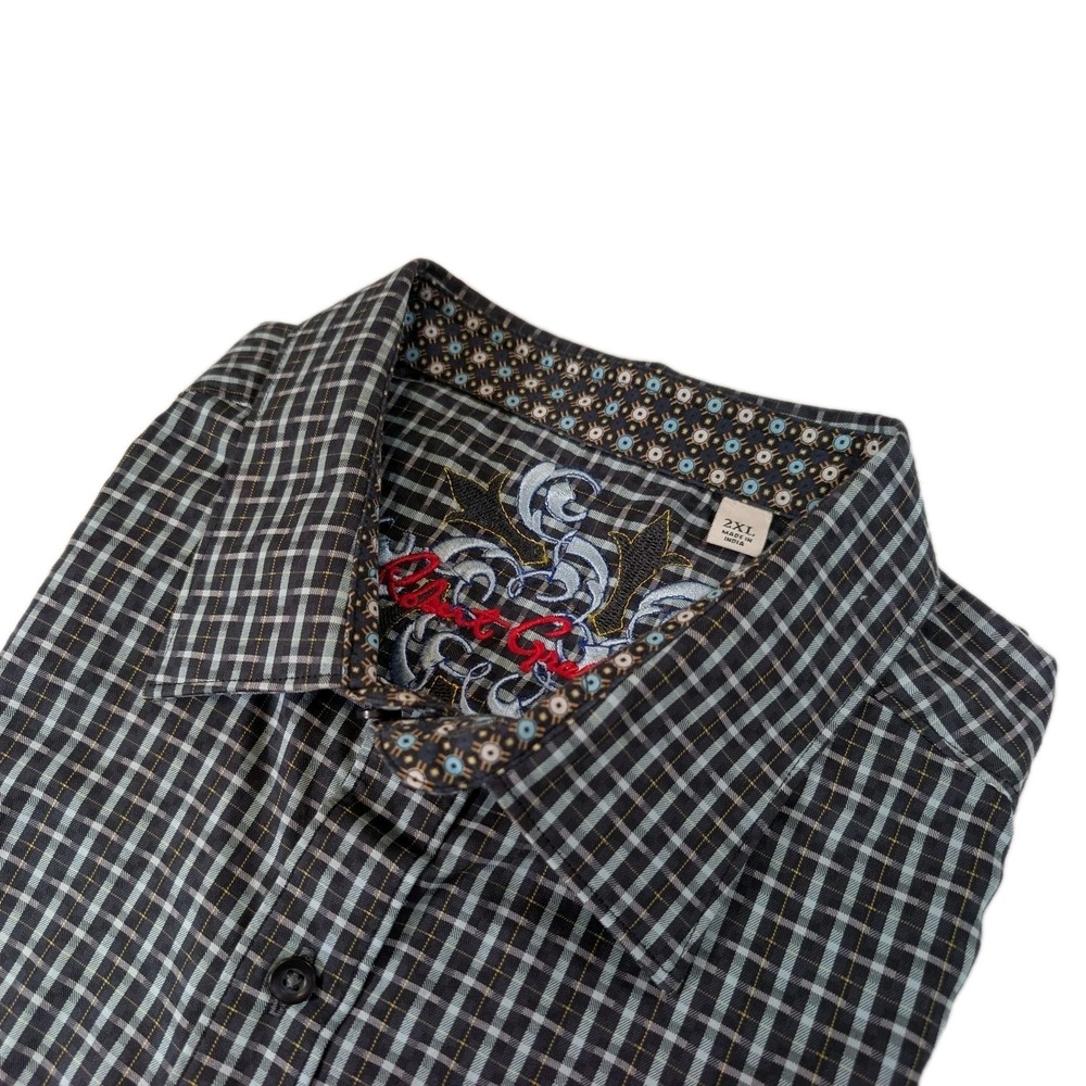 Robert Graham Gingham‎ Checkered Button Up Dress Shirt Long Sleeve Size 2XL Blue